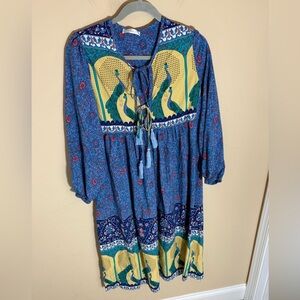 R. Vivimos Blue Floral Peacock Boho Long Sleeved Maxi Dress Size M